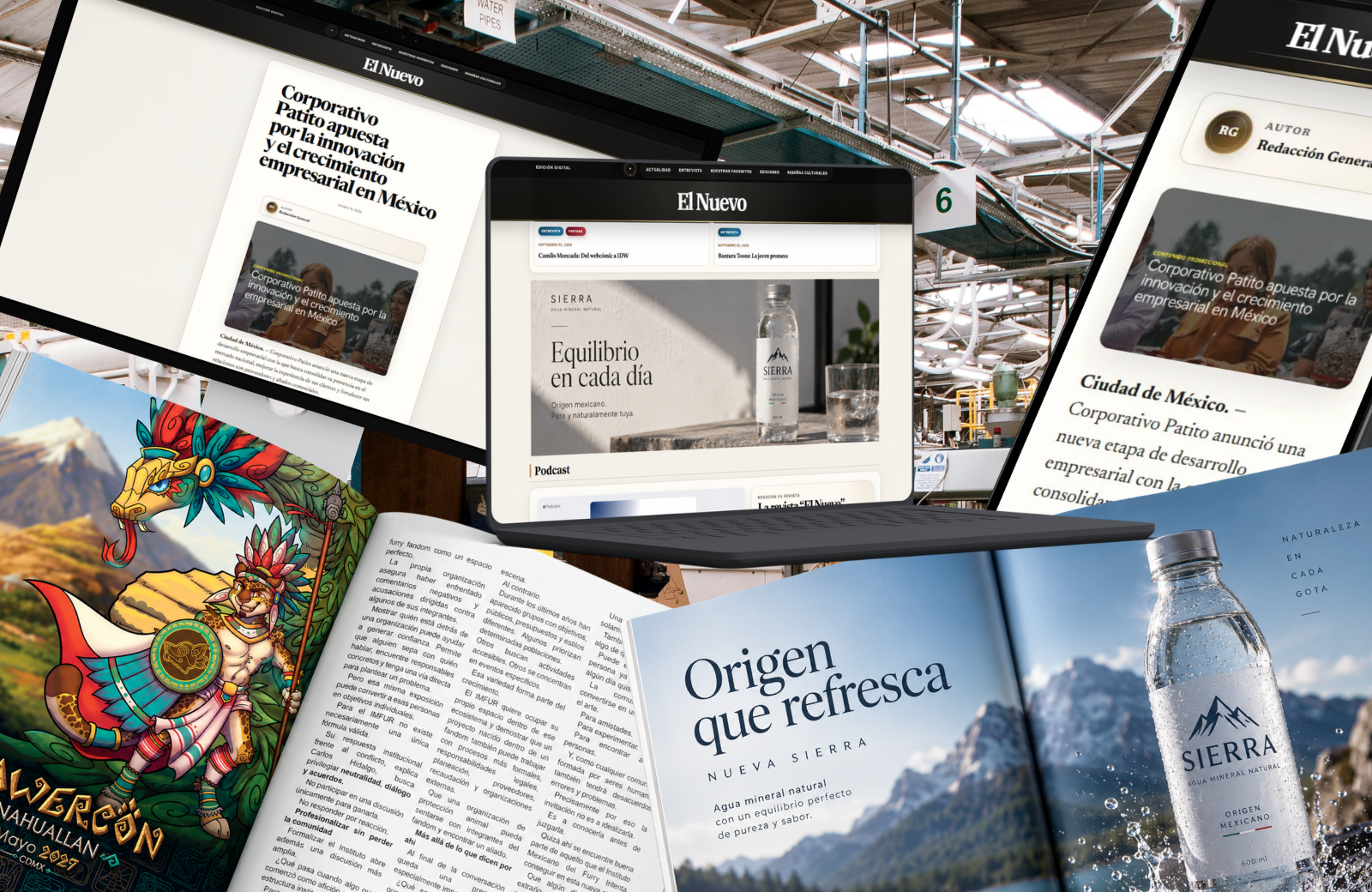 Ejemplos de formatos publicitarios para El Nuevo, ilustrados en una muestra editorial